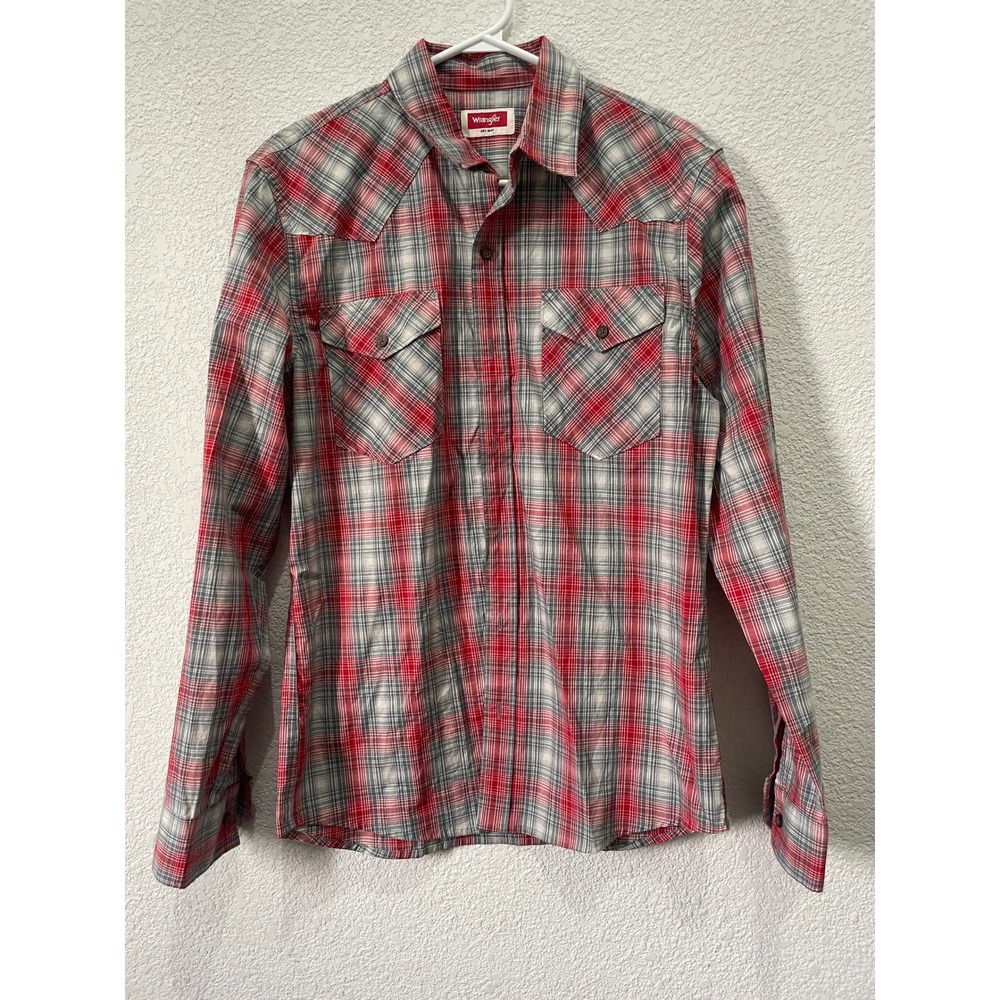 Wrangler Mens Plaid Western‎ Shirt Small Red Gray Long Sleeve Button Down